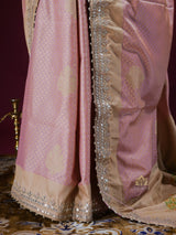 Baby Pink Gotapatti Hand Embroidery Tanchoi Silk Saree