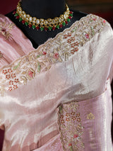Baby Pink Designer Hand Embroidery Kanchi Tissue Silk Saree