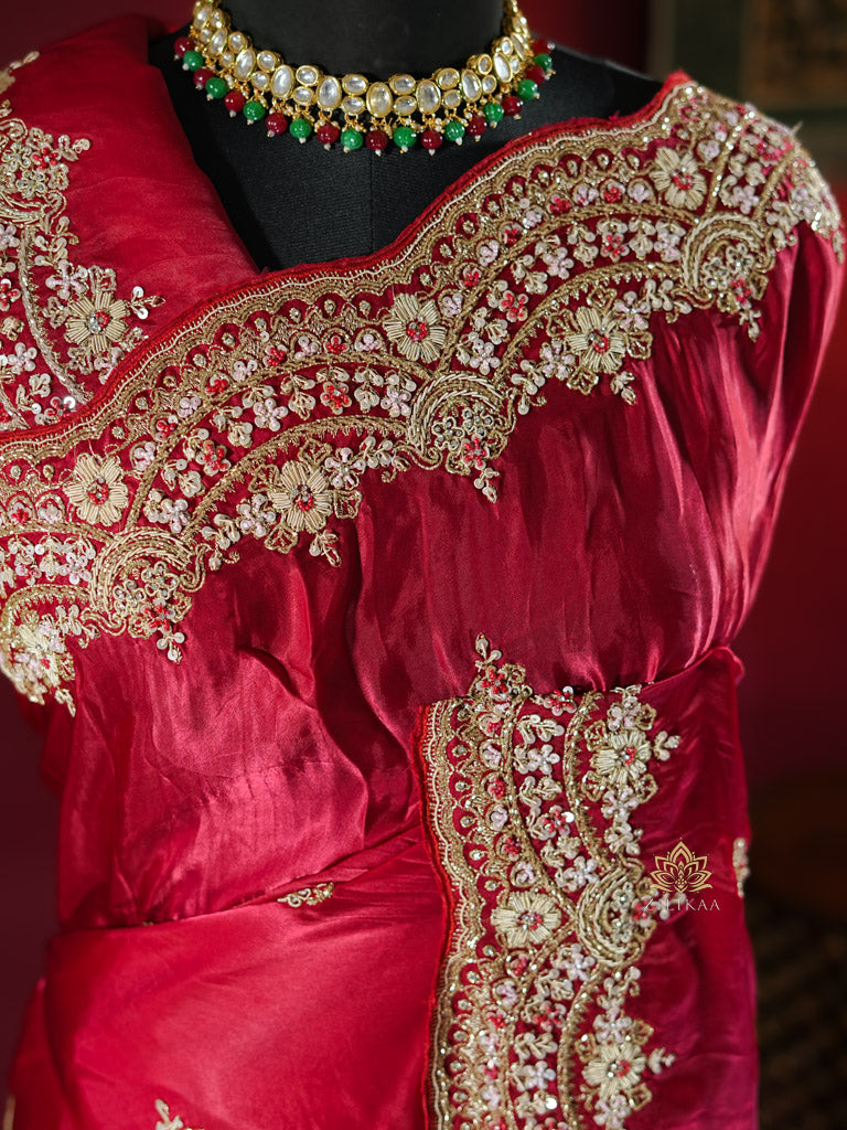 Rose Red Mulberry Silk Saree With Zardozi Scalloped Border