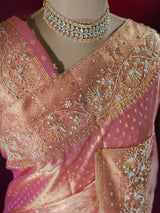 Salmon Pink Kanchipuram Tissue Silk Saree with Zardozi Hand Embroidery