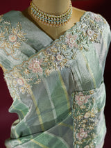 Fern Green Designer Hand Embroidery Rangkat Kanchi Tissue Silk Saree