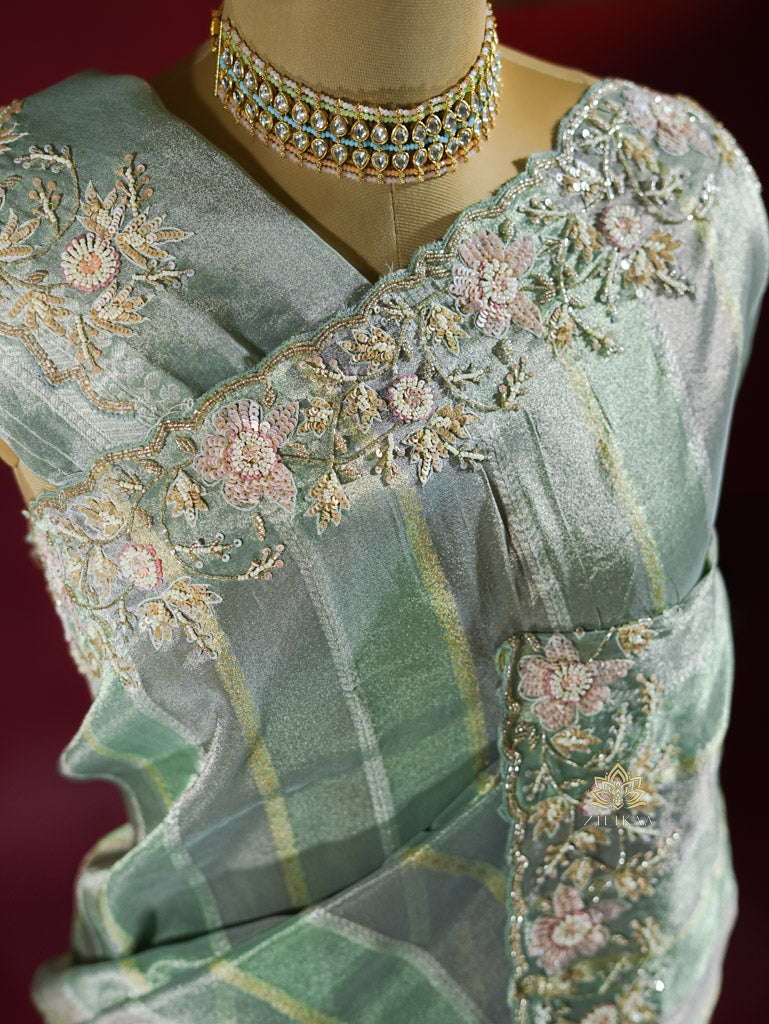 Fern Green Designer Hand Embroidery Rangkat Kanchi Tissue Silk Saree