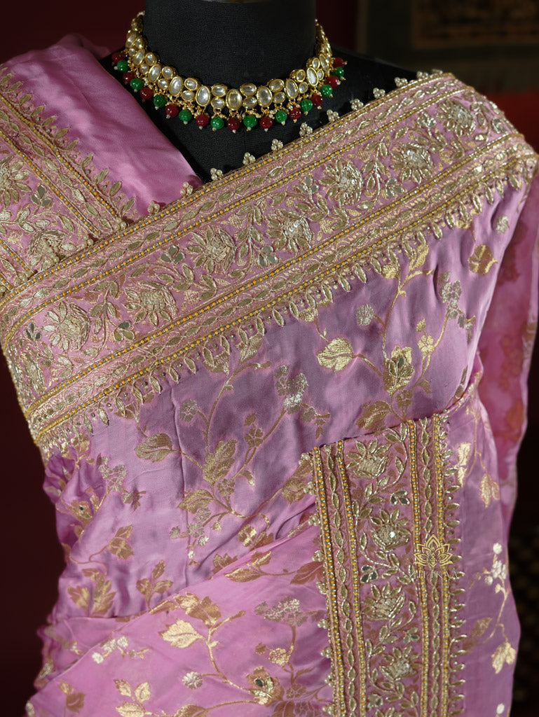 Baby Pink Zardozi Handwork Mulberry Banarasi Silk Saree
