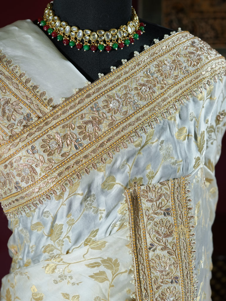 Ivory Special Zardozi Handwork Mulberry Banarasi Silk Saree