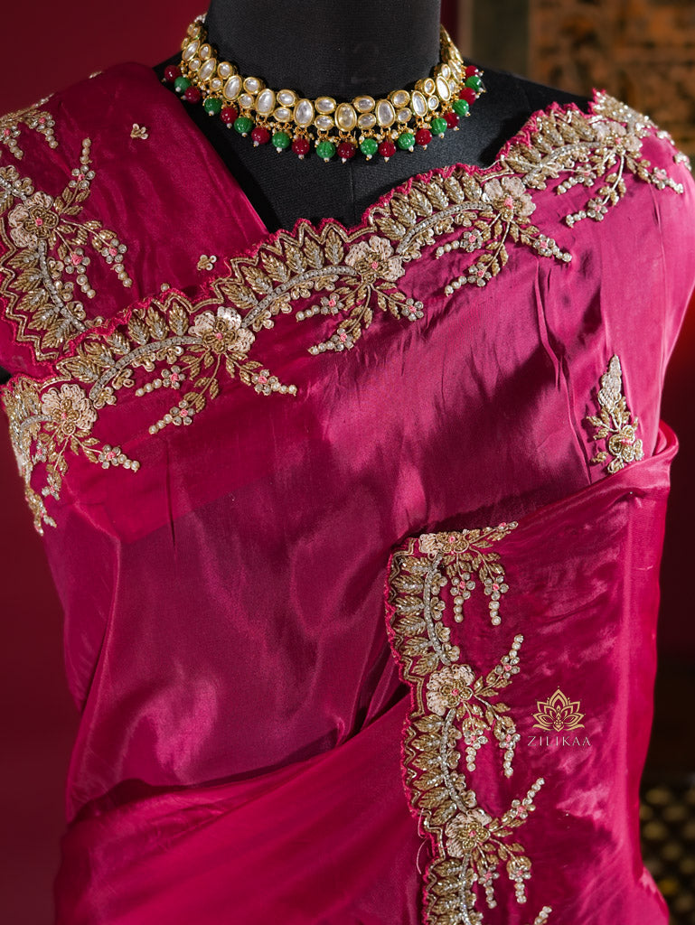 Queen Pink Munga Silk Saree with Designer Handwork