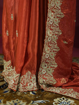 Rust Orange Mulberry Silk Saree With Zardozi Scalloped Border