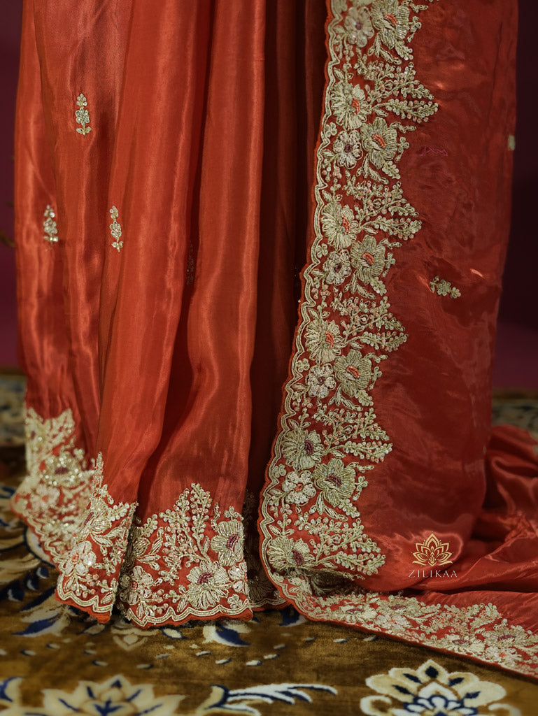Rust Orange Mulberry Silk Saree With Zardozi Scalloped Border