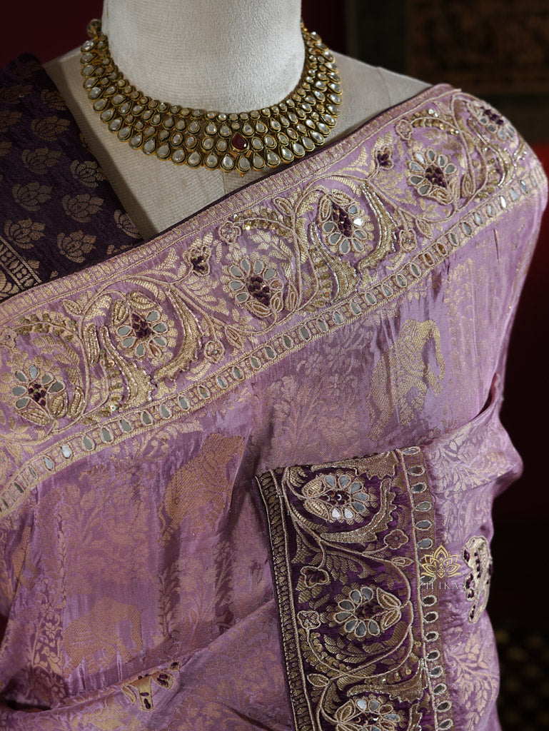 Lavender Purple Zardozi Handwork Munga Banarasi Silk Saree