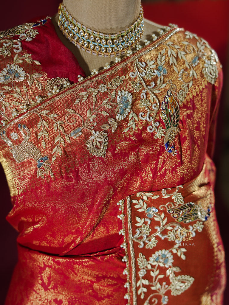 Bride Special Zardozi Hand Embroidery Kanchipuram Silk Saree