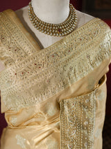 Ivory Gold Kanchipuram Tissue Silk Saree with Zardozi Hand Embroidery