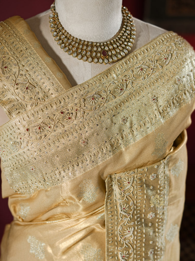 Ivory Gold Kanchipuram Tissue Silk Saree with Zardozi Hand Embroidery