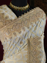 Ivory Special Zardozi Handwork Munga Banarasi Silk Saree