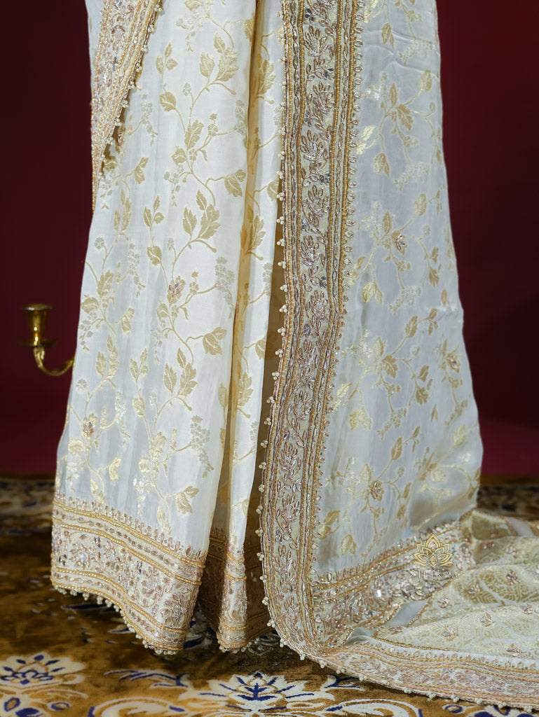 Ivory Special Zardozi Handwork Mulberry Banarasi Silk Saree
