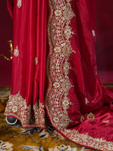 Rose Red Mulberry Silk Saree With Zardozi Scalloped Border