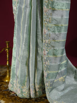 Fern Green Designer Hand Embroidery Rangkat Kanchi Tissue Silk Saree