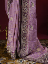 Lavender Purple Zardozi Handwork Munga Banarasi Silk Saree