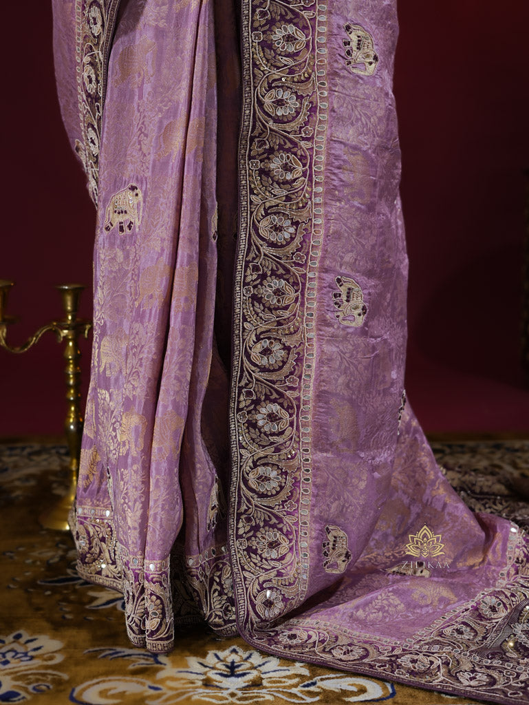 Lavender Purple Zardozi Handwork Munga Banarasi Silk Saree