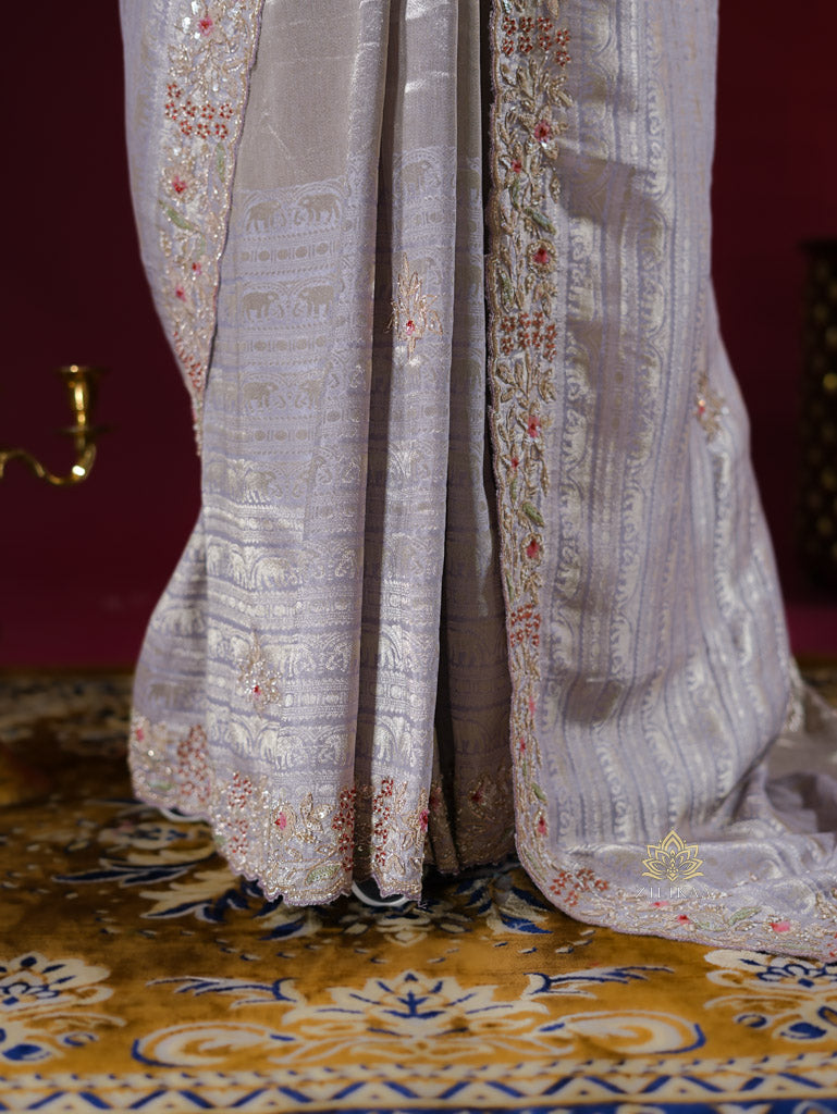 Lilac Purple Designer Hand Embroidery Kanchi Tissue Silk Saree