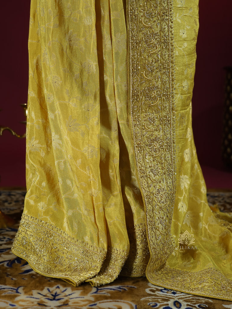 Lemon Yellow Zardozi Handwork Zari Tissue Silk Saree