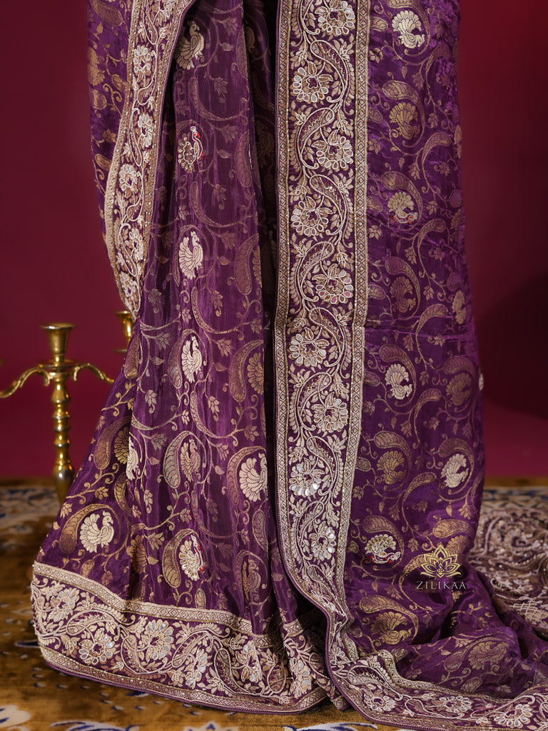 Plum Wine Zardozi Handwork Munga Banarasi Silk Saree