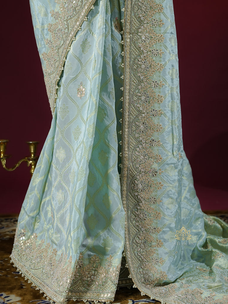 Ocean green Zardozi Handwork Munga Banarasi SIlk Saree