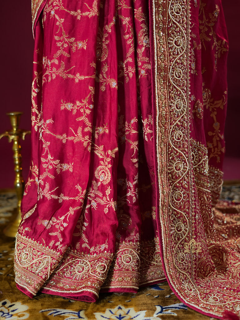 Calcutta Red Zardozi Handwork Mulberry Banarasi Silk Saree
