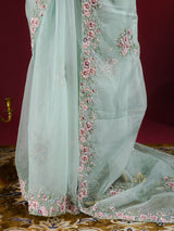 Ocean Green Hand Embroidery Organza Silk Saree