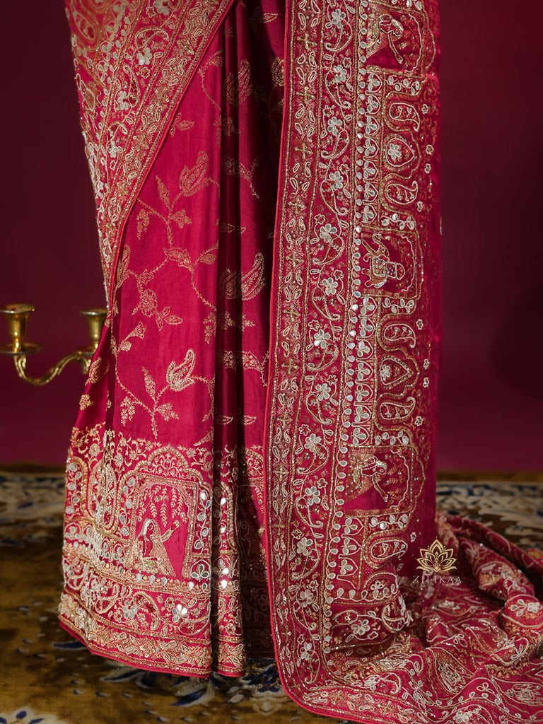 Calcutta Red Zardozi Handwork Mulberry Banarasi Silk Saree