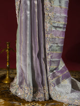 Lilac Purple Designer Hand Embroidery Rangkat Kanchi Tissue Silk Saree