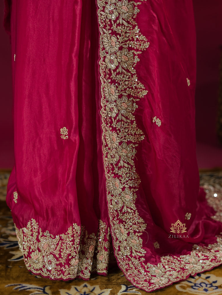 Queen Pink Mulberry Silk Saree With Zardozi Scalloped Border