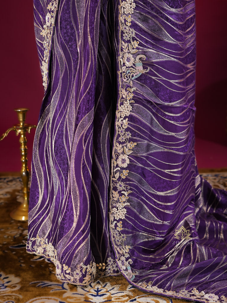 Plum Purple Munga Silk Saree with Zardozi Hand Embriodery