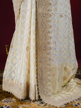 Ivory Special Zardozi Handwork Munga Banarasi Silk Saree