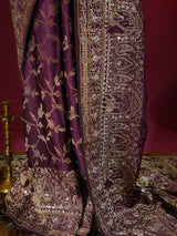 Plum Wine Zardozi Handwork Mulberry Banarasi Silk Saree