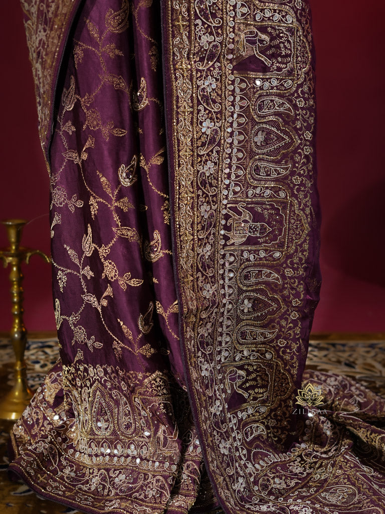 Plum Wine Zardozi Handwork Mulberry Banarasi Silk Saree