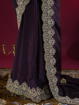 Plum Purple Munga Silk Saree With Zardozi Scalloped Border