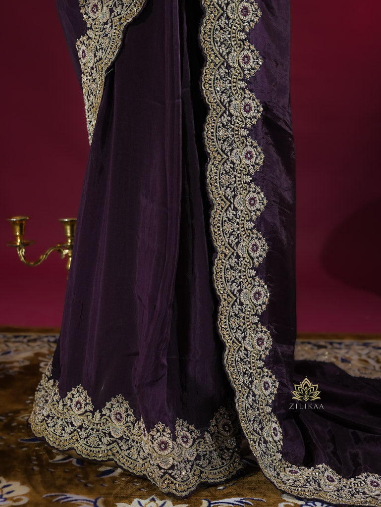 Plum Purple Munga Silk Saree With Zardozi Scalloped Border