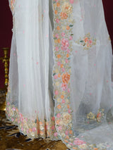 Pearl White Hand embroidery Organza Silk Saree