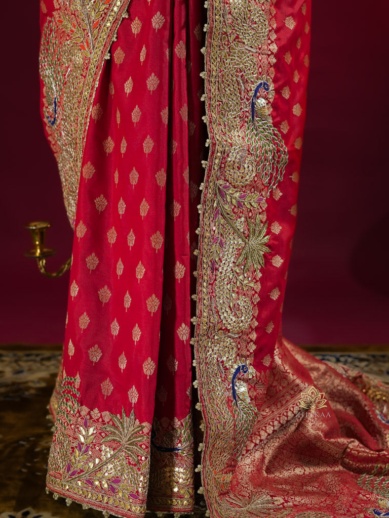 Red Special Banarasi Katan Silk Saree with Gotapatti Zardozi Handwork