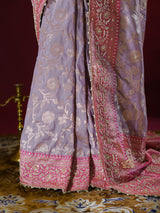 Lilac Purple Banarasi Katan Silk Saree with Zardozi Hand Embroidery