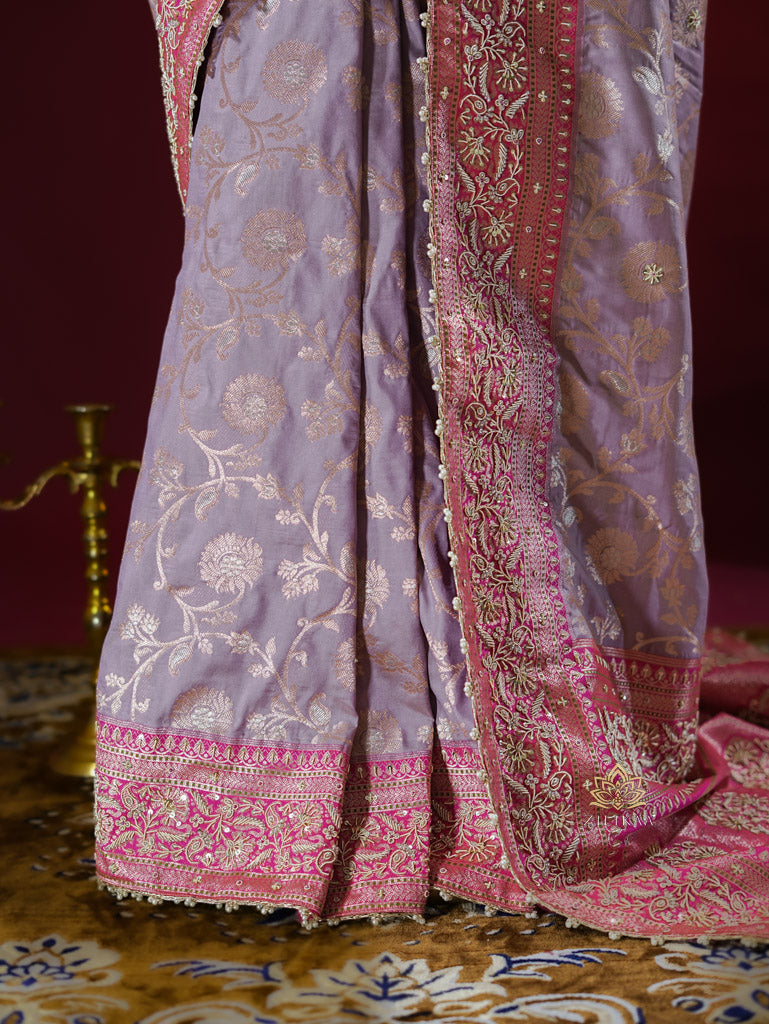 Lilac Purple Banarasi Katan Silk Saree with Zardozi Hand Embroidery