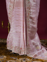 Baby Pink Designer Hand Embroidery Kanchi Tissue Silk Saree