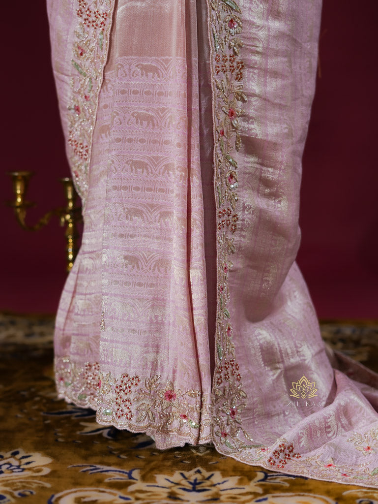 Baby Pink Designer Hand Embroidery Kanchi Tissue Silk Saree