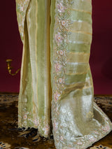 Parrot Green Designer Hand Embroidery Rangkat Kanchi Tissue Silk Saree