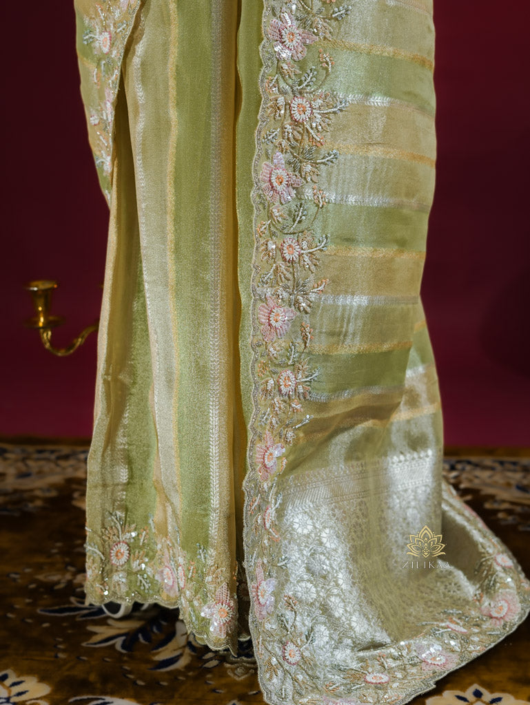Parrot Green Designer Hand Embroidery Rangkat Kanchi Tissue Silk Saree