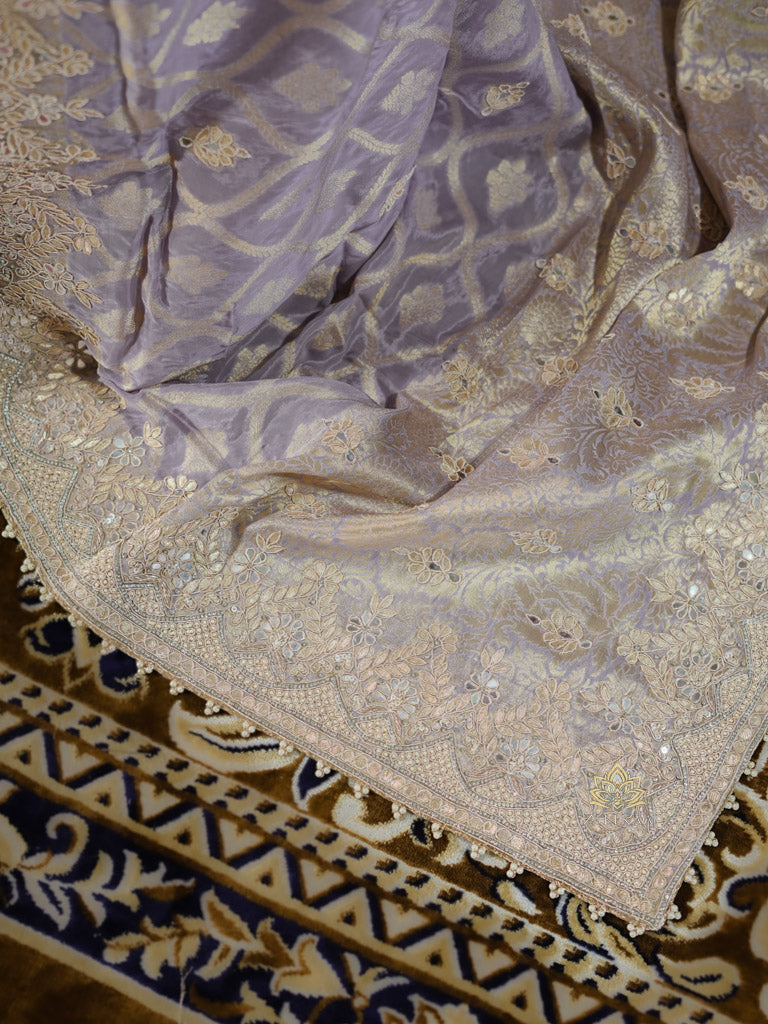 Lilac Purple Zardozi Handwork Munga Banarasi SIlk Saree