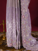 Lilac Purple Designer Hand Embroidery Kanchi Tissue Silk Saree