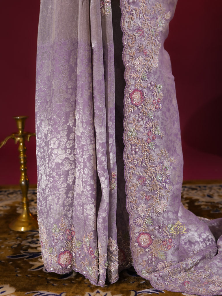 Lilac Purple Designer Hand Embroidery Kanchi Tissue Silk Saree