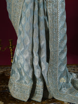 Ocean Green Zari Tissue Silk Saree with Beautiful Hand Embroidery