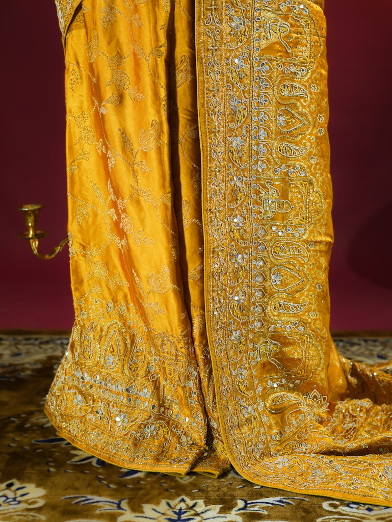 Mustard Yellow Zardozi Handwork Mulberry Banarasi Silk Saree