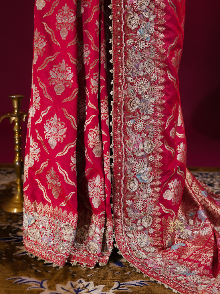 Calcutta Red Meenakari Banarasi Katan Silk Saree with Zardozi Handwork
